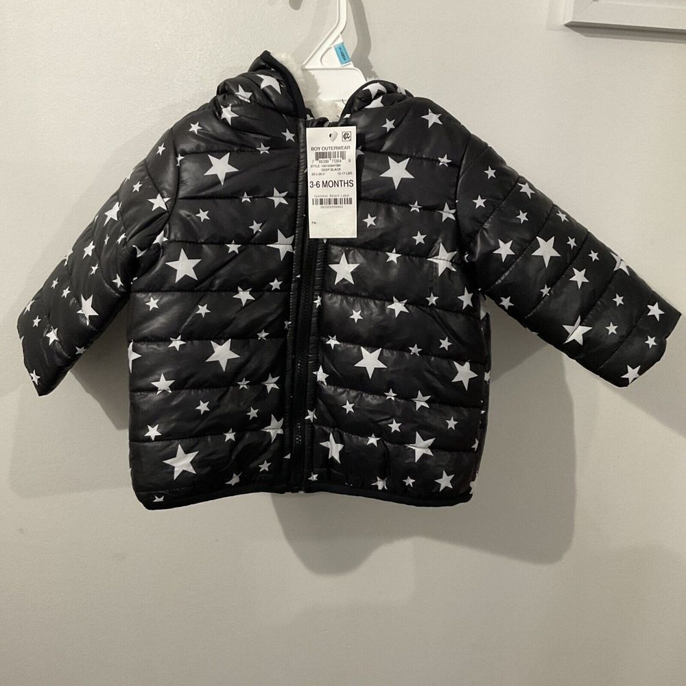 First Impressions Baby Boys 3-6 m Zip Front black stars Hooded Puffer Coat NWT